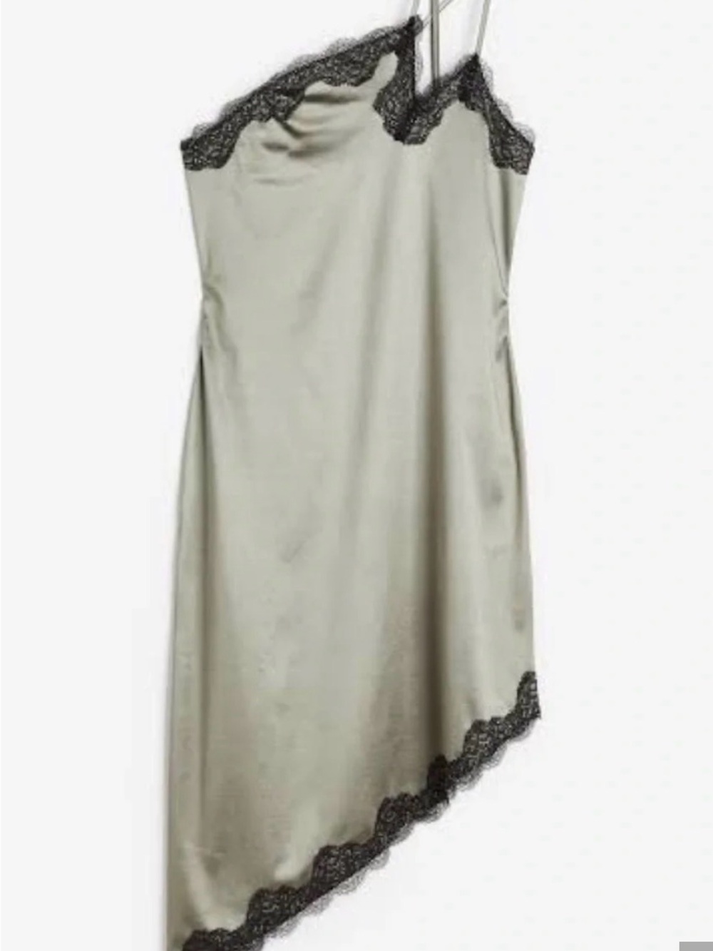Divided Olive Satin Asymmetrical Slip Dress with Black Lace